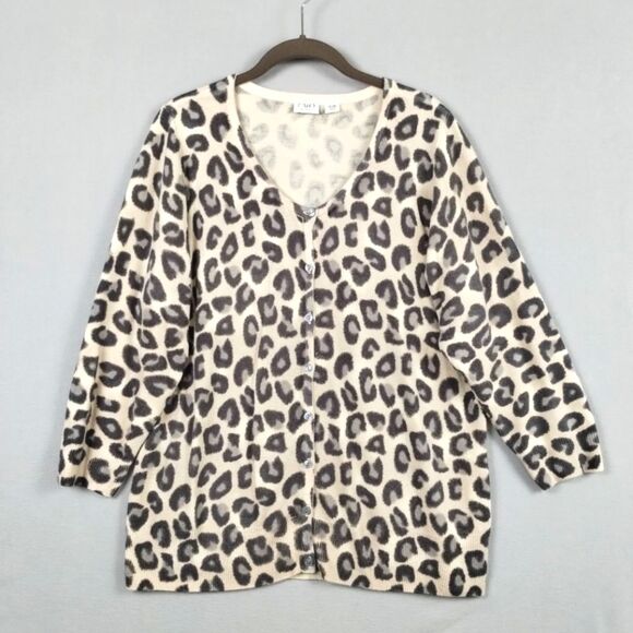 Cato Leopard Print V-Neck Button Down Cardigan Sweater 3/4 Sleeve Size 18/20W - Picture 1 of 10